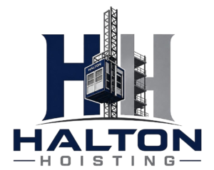 Halton Hoisting company logo featuring vertical construction hoist elevator and mast between H letters