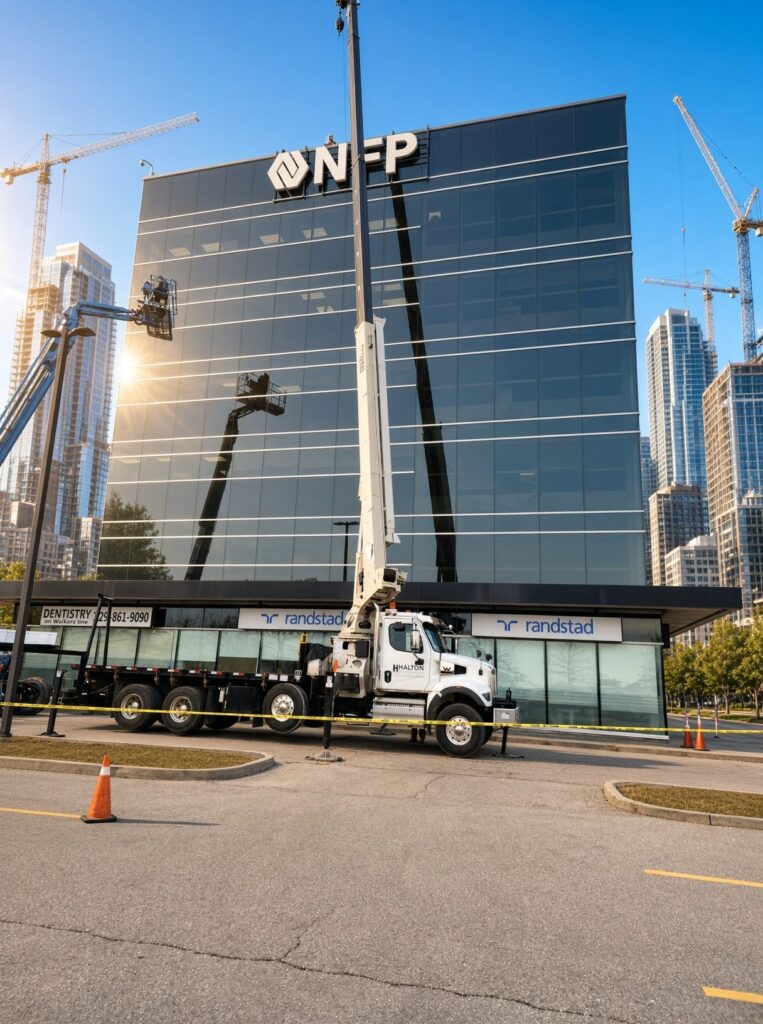 Halton Hoisting mobile crane truck setup for commercial high-rise building maintenance in Ontario