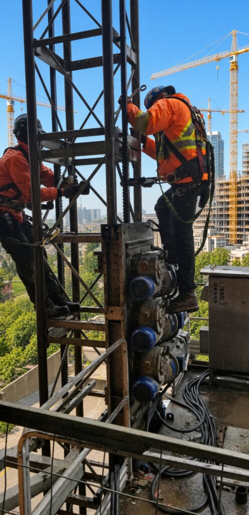 Certified construction hoist technician performing drive motor installation on high-rise site in Toronto and Burlington, Ontario